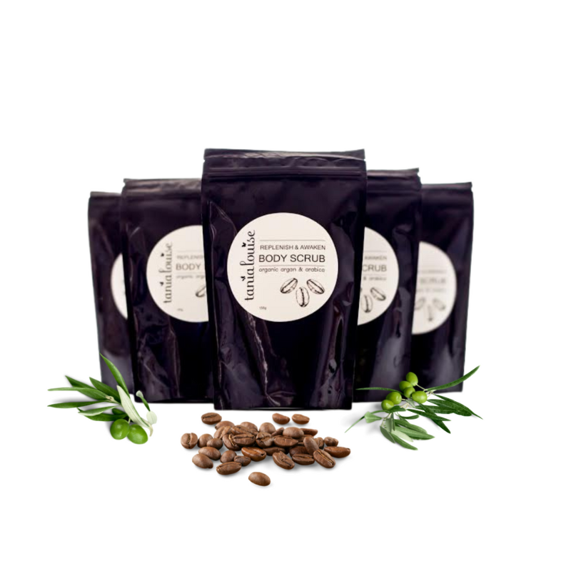 Coffee, coconut and Argan oil body scrub by Tania Louise Australia. Skin repair. Dry Skin repair. Tania Louise Australia coffee scrub